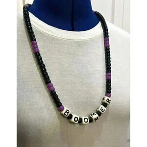 Beaded Baby BOOMER Necklace Over the Hill Birthday Gag Gift Purple Black